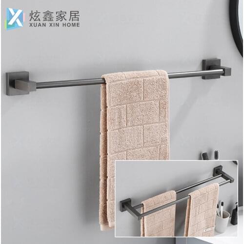 Bathroom Towel Rack Gray Single Double Poles Aluminum Holder 40-60cm Wall Mounted Shower Rod Household Hanger Accessories