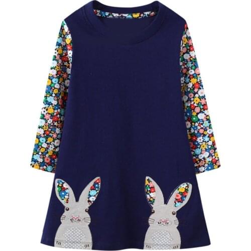 2021 New Girls Cotton Long Dresses Baby Kids Floral Patchwork Party Dresses Toddler Rabbit Embroidery Autumn Childrens Clothing
