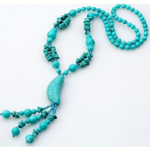 FYJS Unique Handmade Weave Crescent Moon Green Turquoises Stone Pendant Necklace Ethnic Style Jewelry