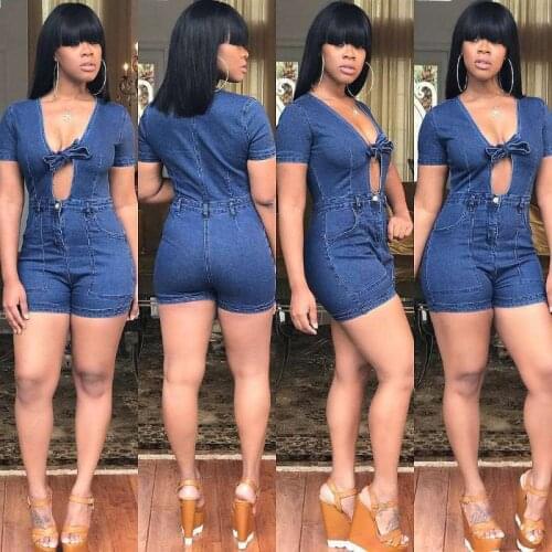 2020 New Sexy Denim Jumpsuit Short Women Rompers Pocket Bodycon Summer Jeans Overalls Casual Fashion Party Club Combishort