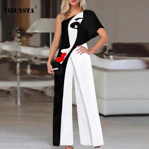Retro Pattern Abstract Face Printed Women Jumpsuits Spring One Shoulder Patchwork Romper Summer Wide Leg Pants Office Overalls