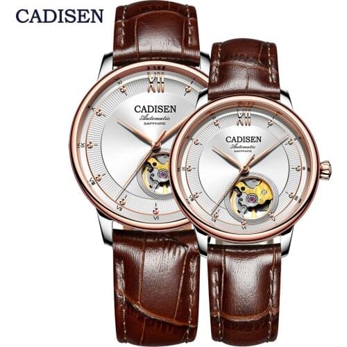 CADISEN Couple Mechanical Watch Set Men Women Wristwatches Skeleton MIYOTA90S5 Ultra-thin Watches Leather Ladies for Lover Clock