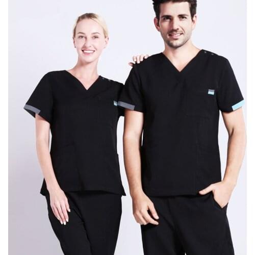 Stretch Scrub Uniform Black Nurse Workwear Scrubs Set Top and Pant Solid Color V Neck Doctor Nursing Uniforms Suit 19SS007