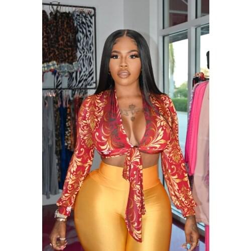 VAZN 2021 Summer Hip Pop High Street Style Shinny V-neck Full Sleeve Sport Clothing Shirts Women Top