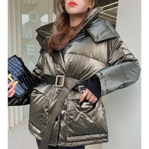 QingWen Korean Fashion Women Winter Jacket Mid-length Belt Waistband Bright Face Hooded Thick Duck Down Coat Parka Manteau Femme