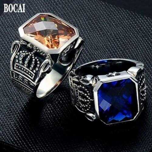 Thai silver 925 silver mens ring domineering man inlaid blue zircon index rings Korean single retro s925 silver ring for Man
