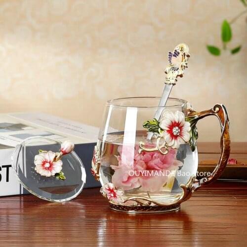 Beauty And Novelty Enamel Coffee Cup Mug Flower Tea Glass Cups for Hot and Cold Drinks Tea Cup Spoon Set Perfect Wedding Gift
