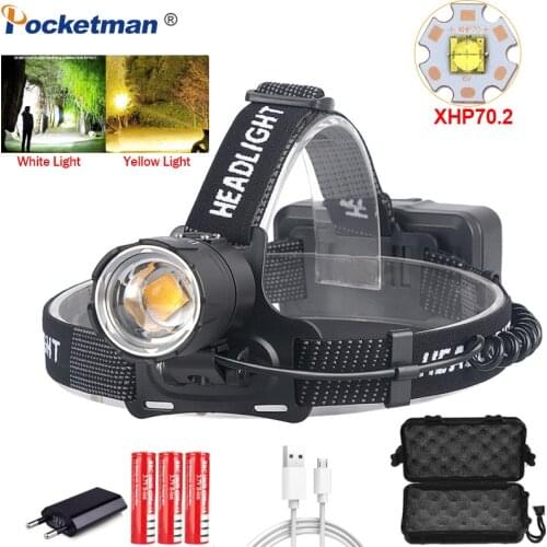 8000LM XHP70.2 Led Headlamp XHP70 Most Powerful Yellow or White Led Headlight Fishing Camping ZOOM Torch Use 3*18650 batteries