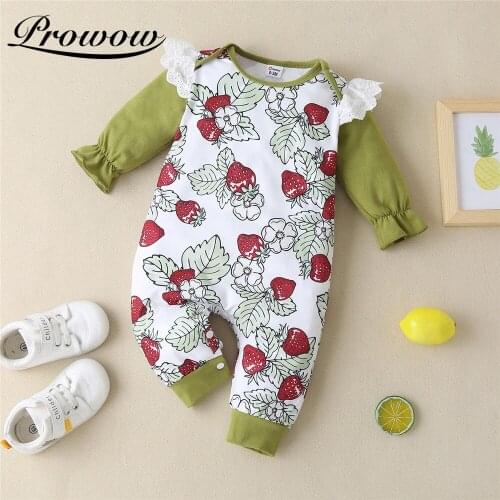 Prowow 2021 Newest Baby Girl Clothes Overalls Strawberry Printing Kids Toddler Baby Bobysuit Flying Sleeve Baby Girls Sleepwear