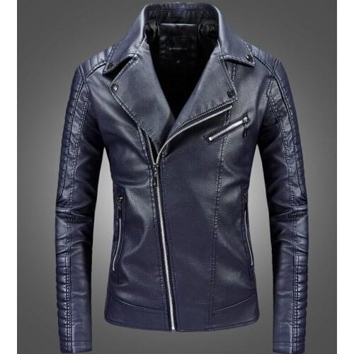 NEW 2019 zipper Men Fashion Motorcycle Leather Jacket slim fit Fleece Coats Male Casual Oblique Zipper jacket high-quality