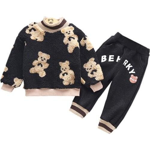 Autumn Winter Kids Casual Cartoon Thicken Plus Velvet Clothes Baby Boy Girls Letter Sweatshirt Pants Children Fashion Tracksuits