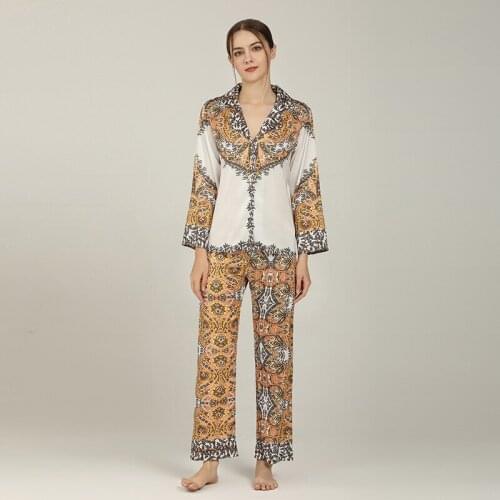 2021 New Long-sleeved Trousers Ice Silk Print Pajamas for Women Luxury Sexy Home Wear Smooth Satin Lapel Two-piece Set Spring