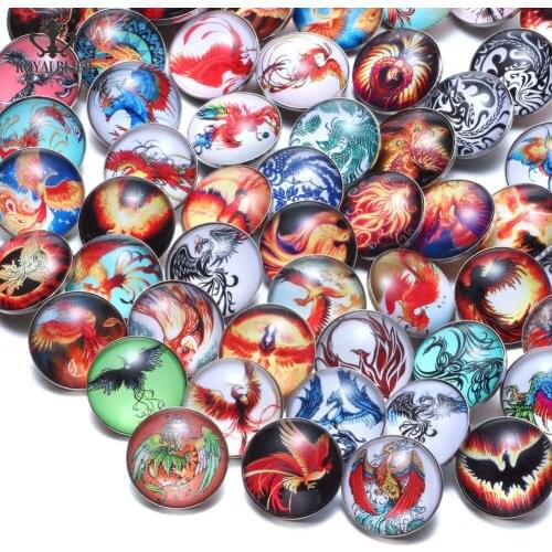 RoyalBeier 50pcs/lot Phoenix Theme Glass Charms 18mm Snap Button For 20mm Snaps Bracelet Snap Jewelry KZHM083