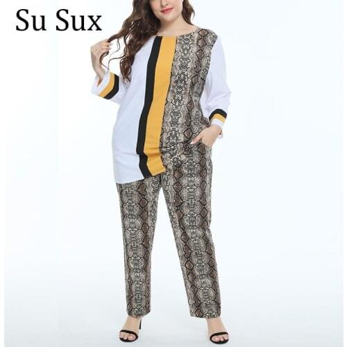 Plus Size 4XL Two Piece Set Tracksuit Women Outfits Casual Striped Leopard Print O Neck Top and Pencil Pants Set Autumn Winter