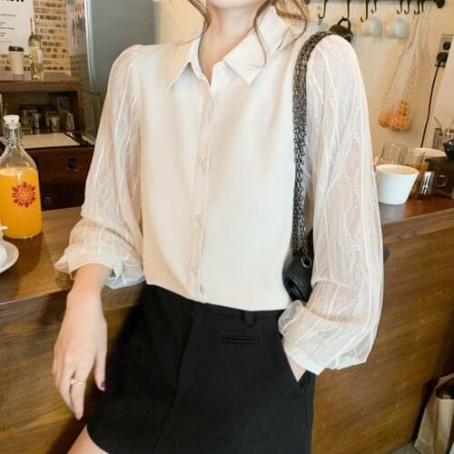 2021 spring white shirt design niche long-sleeved shirt waist lapel chiffon sleeve top blouse