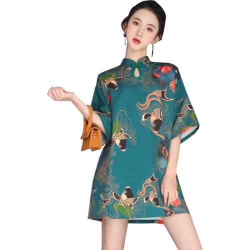 Green Cheongsam Gothic Clothes Woman Chinese Dress Qipao Short Qi Pao Vintage Print Oriental Dress 2021 Fashion Ladies 10054