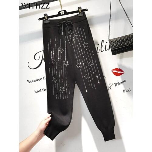 WITHZZ Women Spring Autumn Fashion Knitting High Waist Sequined Trousers Loose Sports Casual Harem Pants