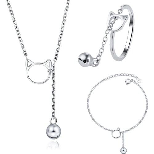 Cat Bell Ring Bracelet Necklace Ankle Bracelets for Women Adjustable Cute Cat Chain Anklet Summer Foot Jewelry Girl Hand Jewelry