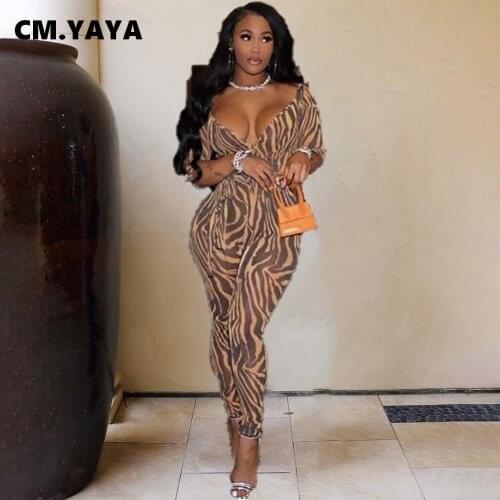 CM.YAYA Sexy Leopard Print Deep V-neck Skinny Bodydon Jumpsuit for Women Full Sleeve Sheath Elastic Jumpsuits Spring Streetwear
