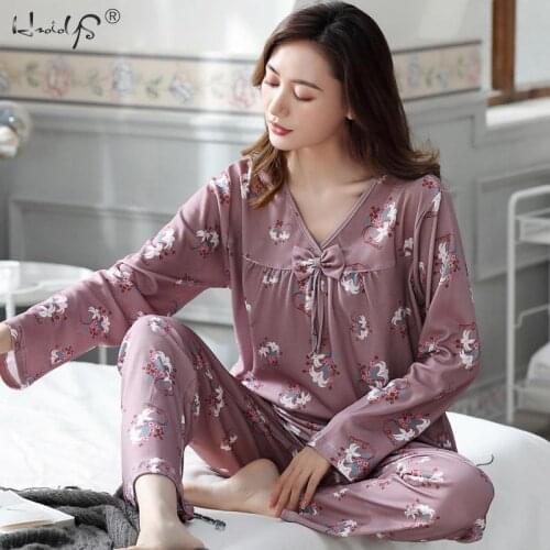 Plus Size 4XL Pajamas Sets V-Neck Ladies Pyjama sets Long Sleeve Cotton sleepwear Female Pyjamas Home Clothes Nightgown Homewear
