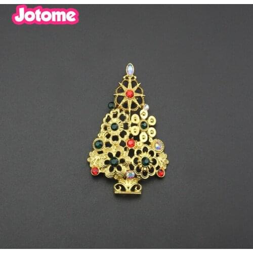 Gold-Tone Crystal Rhinestone Christmas Tree Brooch Pin for Gift