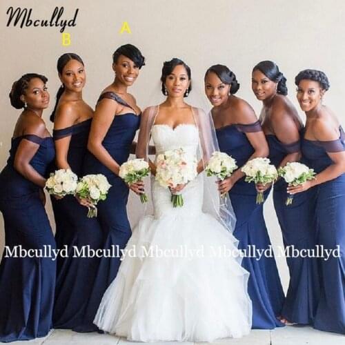 2021 Elegant Mermaid Bridesmaid Dress Cheap V Neck African Wedding Guest Gown Navy Blue Long Prom Evening Maid Of Honor