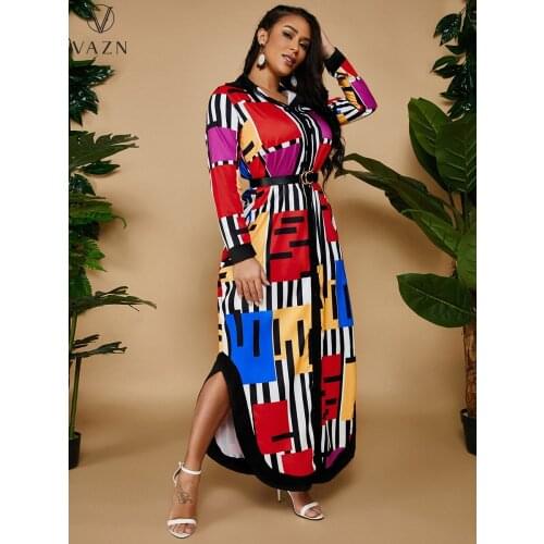 VAZN 2021 Autumn Vintage Shirt Dress Office Lady Long Dress Sexy Chiffon Full Sleeve High Waist Young Vestidos For Female