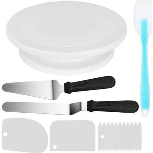 8Pcs Revolving Cake Stand Cake Turntable Icing Spatula Icing Smoother Silicone Spatula and Cake Server Cutter