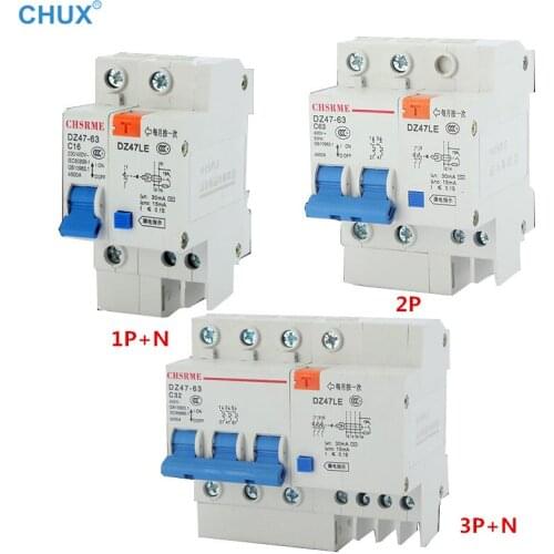 DZ47LE-63 Leakage Protection Circuit Breaker 1P+N 2P 3P+N 4P with over and short current 10a 16a 20a 25a 32a 40a 63a MCB