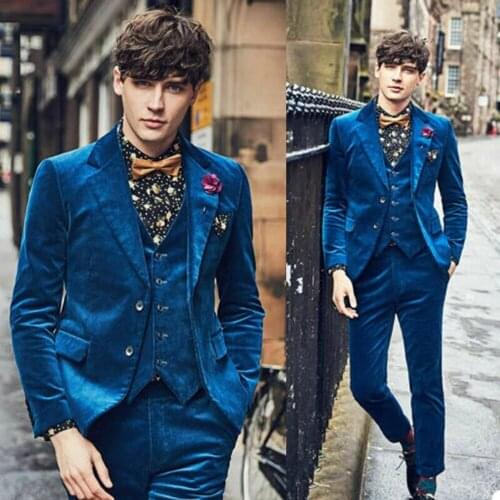 3-Piece（Coat+ Vest+Pant) Velvet Blue Custom Made Men Suits Fit Slim Tuxedos Peaked Lapel Blazer Party Formal Business Groom Suit