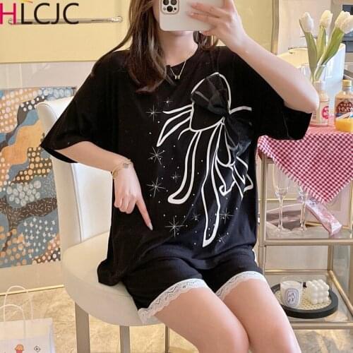 Summer New Modal Short Sleeve Women Pajamas Suit Comfortable Sleepwear Lace Large Bow Home Clothes Pyjamas Femme Pijama Mujer