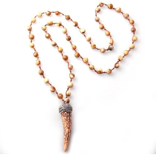 Fashion Natural Picture Stones Ox Horn Pendant Necklace Handmade Women Jewelry