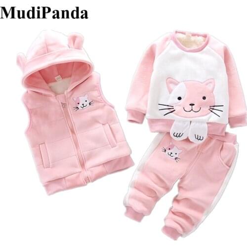 MudiPanda Baby Girls Clothes 2020 Winter Pure Cotton Thick Warm Casual Hooded Sweater Cartoon Cute Cat Three-Piece Baby Boy Suit