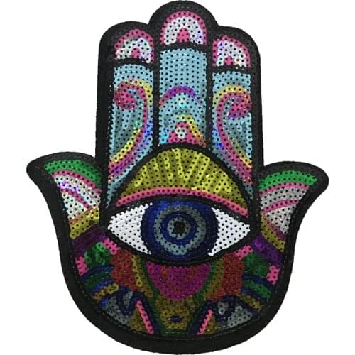 2020 New Large Hamsa Hand Sequined Iron on Patches for Clothes Colorful God Hamesh Palm Sequins Appliques 2pc