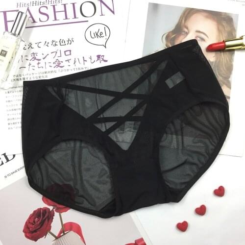 Pure color black temptation sexy ladies panties mid-waist plus fat to increase transparent panties cross-cut mesh panties