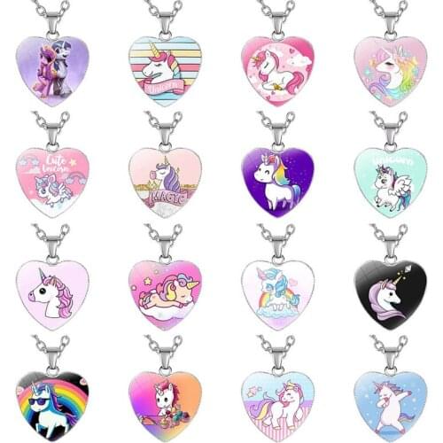 Girls Colorful Rainbow Unicorn Pendant Necklace Cartoon Animal Horse Heart Shaped Necklaces Women Choker Jewelry Accessories