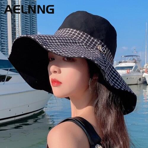 AELNNG Brand 2021 Summer New For Women Large Brim Bucket Hats Cotton Plaid Sun Hat Outdoor Beach Sunscreen Fisherman Cap A8023