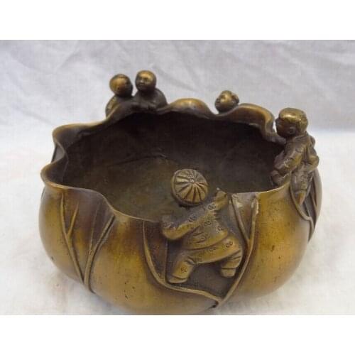 Song voge gem S2369 9" Chinese Bronze Buddhism 5 Kid Child On Lotus Leaf Statue Bowl Incense Burner