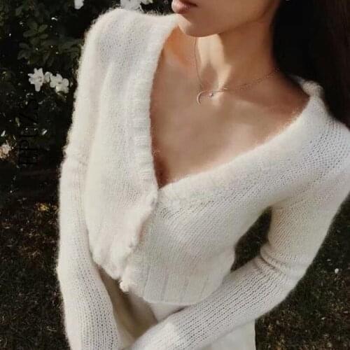Furry White Cropped Cardigans Women Kawaii Sweater Knitted Crop Top Sweater Korean Casual Long Sleeve Ladies Sweater Fall 2020