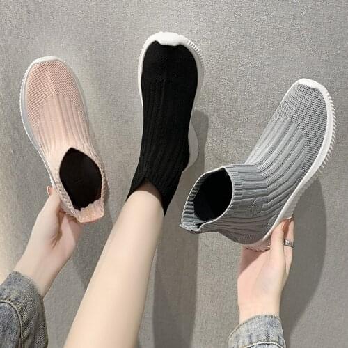 Comemore Sock Shoes Woman 2021 Autumn Platform Boots Womens Casual Sport Boot Elastic Weaven Booties Block Heel Female Footware
