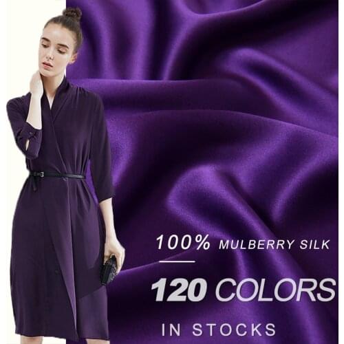 HYSK 100% pure silk satin fabric plain dye bridal woven raw silk charmeuse duchness stocks washable multicolor purple for dress
