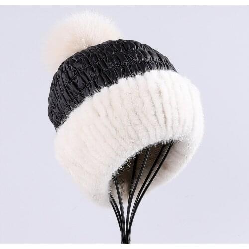 Top Quality Womens Winter Patchwork Real Mink Fur Down Hat Cap Natural Fox Fur Pom Poms Beanie Hats Lady Fashion