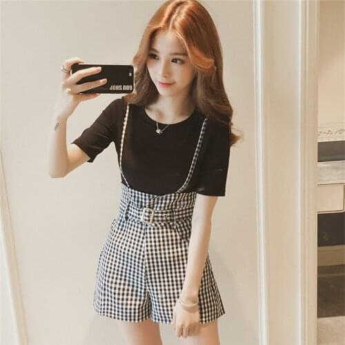 Women Summer Overalls Plaid Suit Set Lady Bib Short High Braces Strap Wide Leg Pants Shorts Solid Color Top Work Office Wear