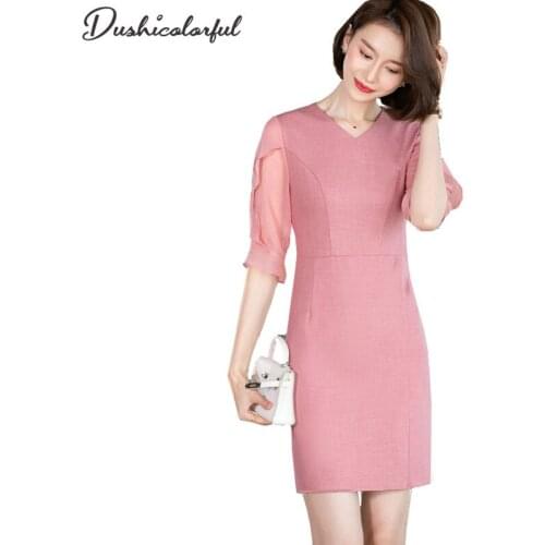 Womens Dress 2021 Summer Sundresses Pink Black Navy Blue Office Business Elegant Chiffon Half Sleeve Vintage Party Dresses