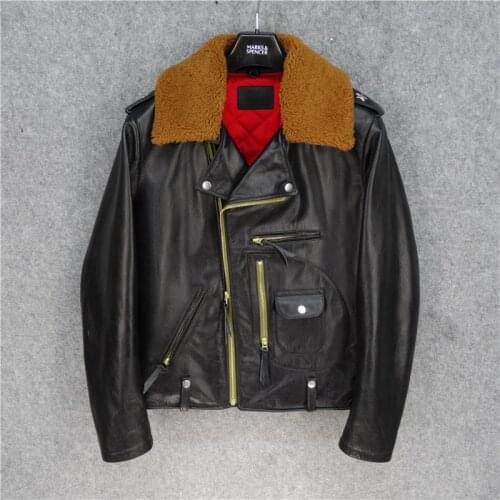 2020 Black Men American J24 Bikers Jacket Wool Collar Plus Size XXXL Genuine Cowhide Winter Warm Slim Fit Leather Coat