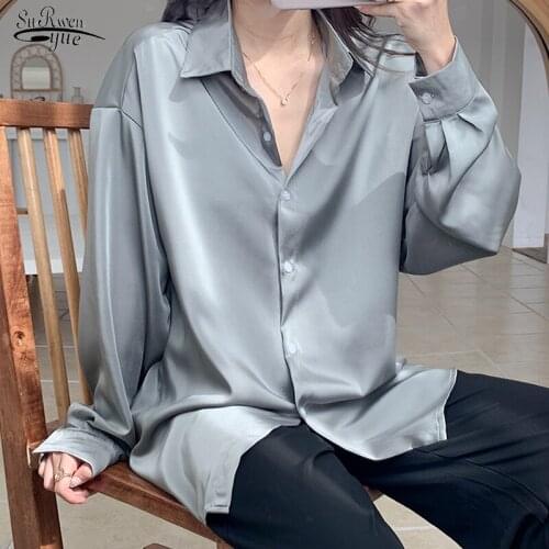 2021 Spring Autumn Plus Size Casual Solid Long Sleeve Women Shirts Satin Silk Blouse WomenWhite Cardigan Ladies Tops Chic 12573