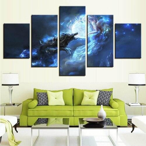 5 Piece Canvas Wall Art Paintings Wolf & Girl Prints Figure Modular Decor Pictures Home Living Room & Bedroom Decoration