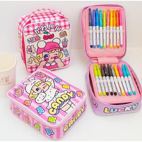 Promotion 2pcs*Cute Cartoon Sweet Girls Pencil Case PU Leather Watercolor Pen Box With compartments Large capacity 40Holes