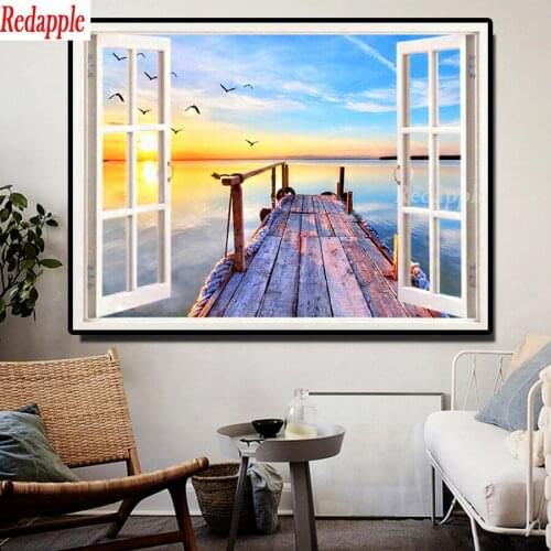 Diamond Painting Rhinestone window landscape 5D DIY Diamond Embroidery,Cross Stitch,diamond Mosaic Sale Seaview Bridge decor
