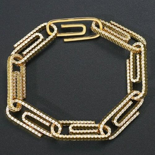 New Full Cubic Zircon Hip Hop Paper Clip Button Couple Clavicle Chain Bracelet Bangle Luxury Jewelry